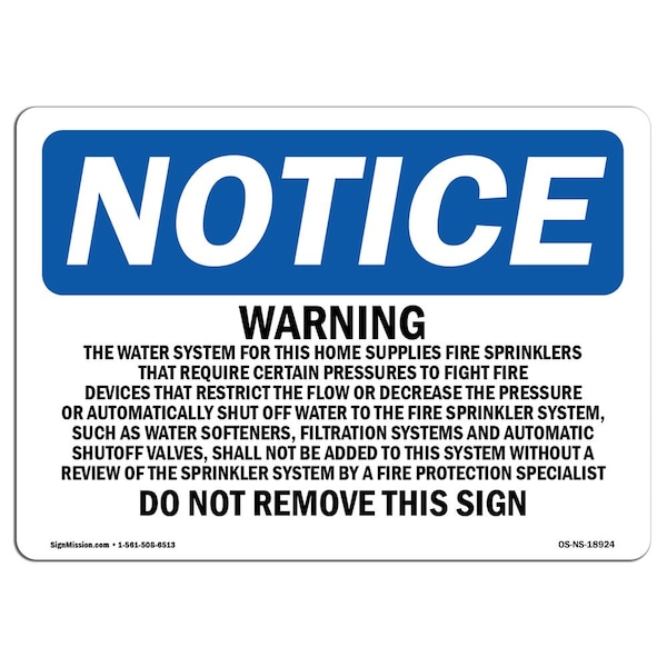 OSHA Notice Sign, 3.5" H, Warning Water System For This Home Supplies Sign, Landscape, 10PK